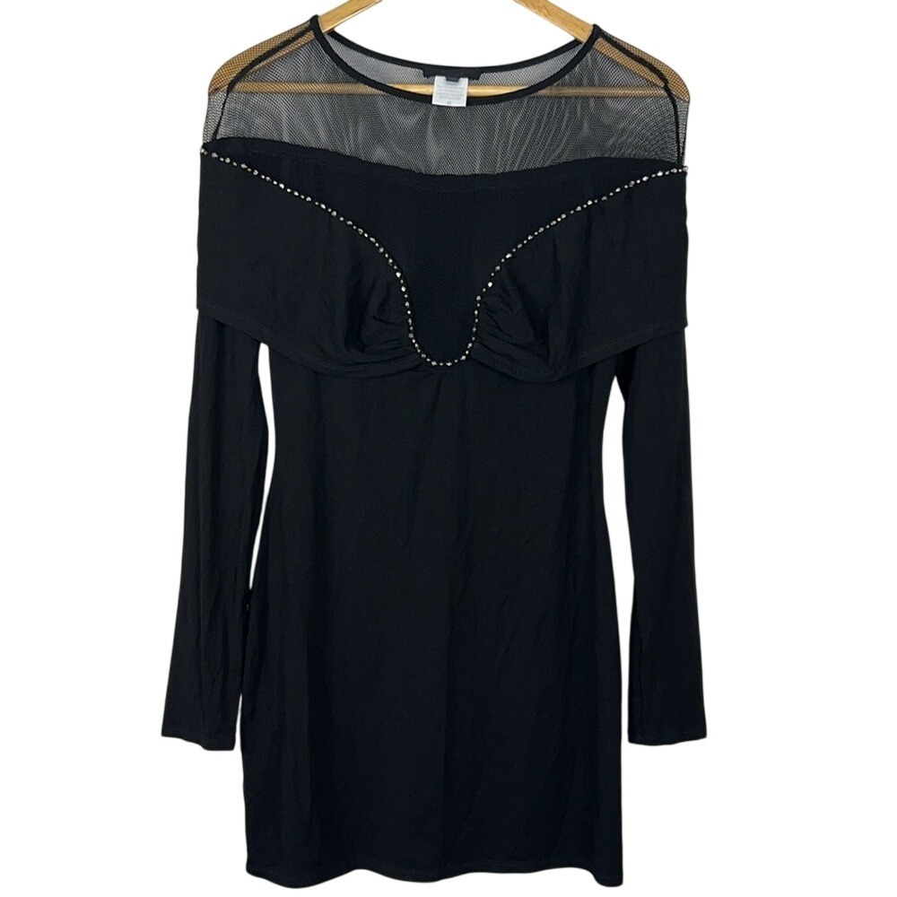 h:ours Black Studded Mesh Illusion Long Sleeve Bodycon Mini Dress Womens Small